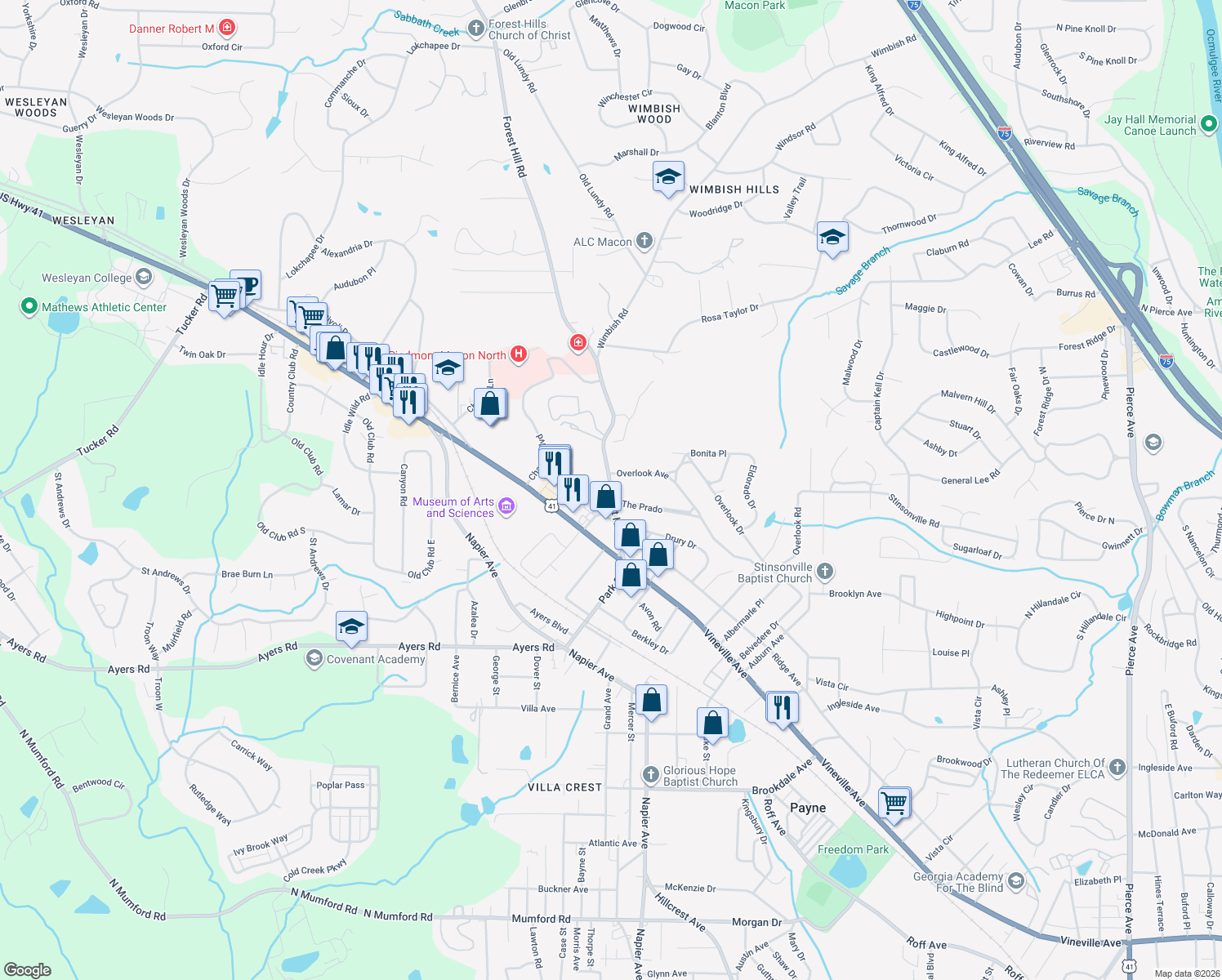 map of restaurants, bars, coffee shops, grocery stores, and more near 328 Forest Hill Road in Macon