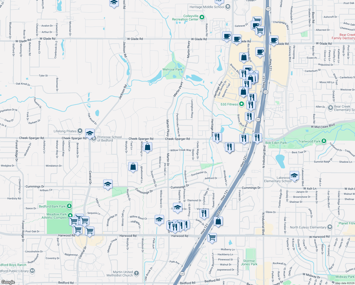 map of restaurants, bars, coffee shops, grocery stores, and more near 4021 Fairmont Court in Bedford