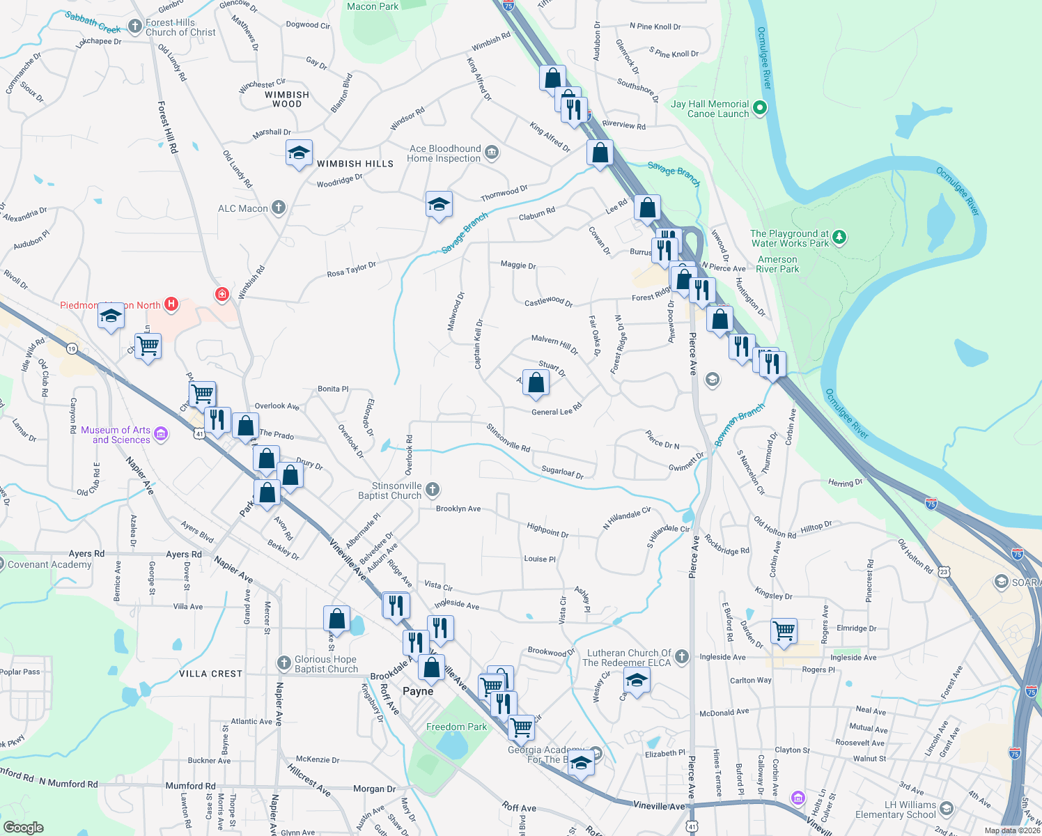 map of restaurants, bars, coffee shops, grocery stores, and more near 3074 General Lee Rd in Macon