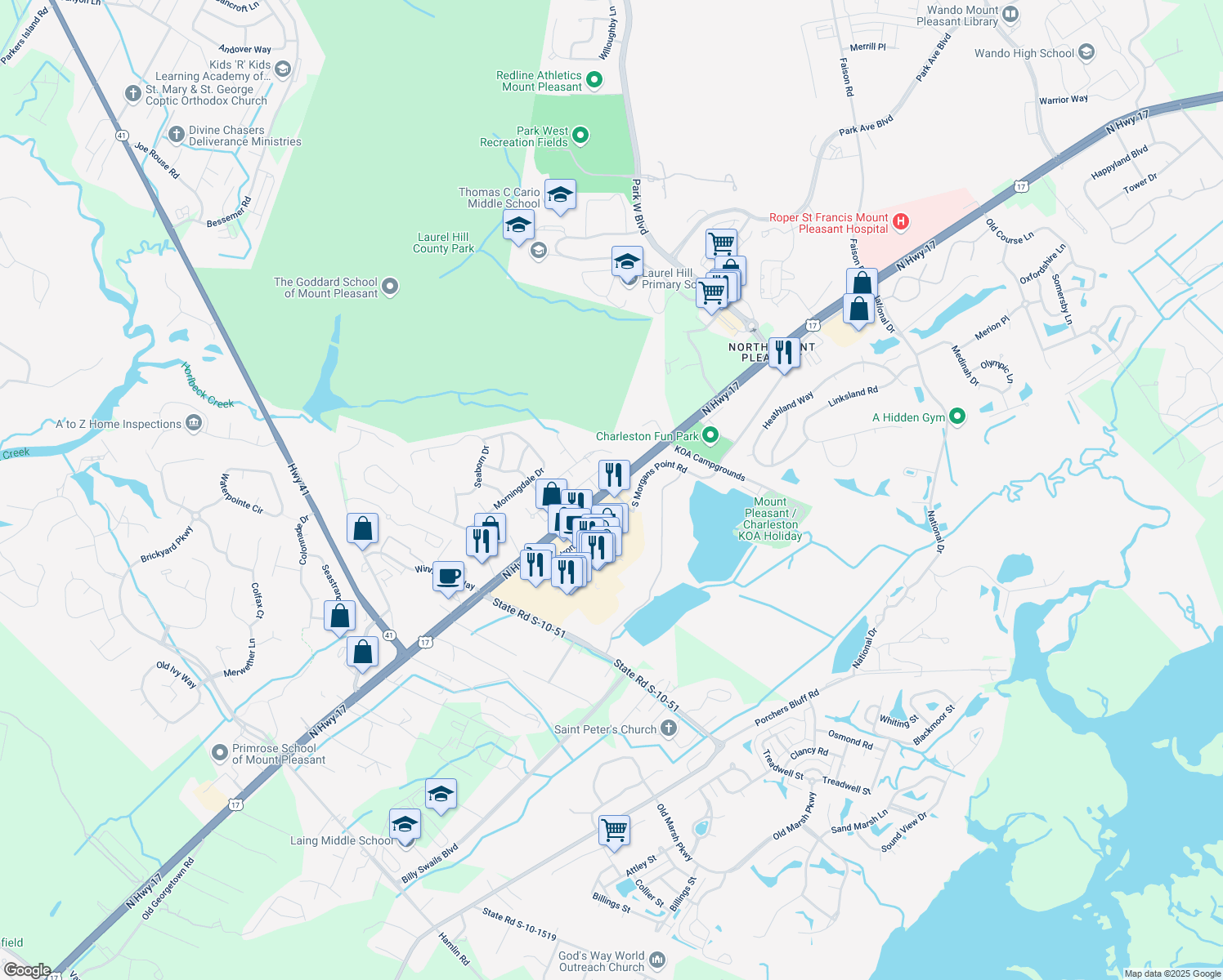 map of restaurants, bars, coffee shops, grocery stores, and more near 3110 U.S. 17 in Mount Pleasant