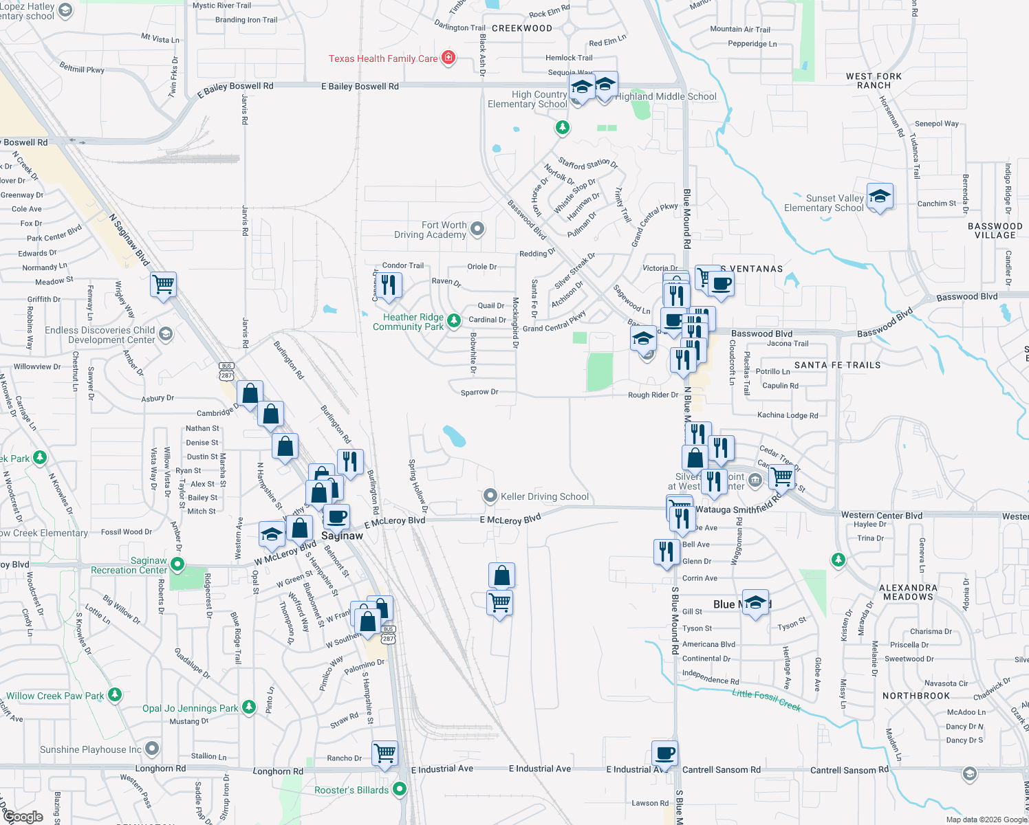 map of restaurants, bars, coffee shops, grocery stores, and more near 713 Pelican Way in Saginaw