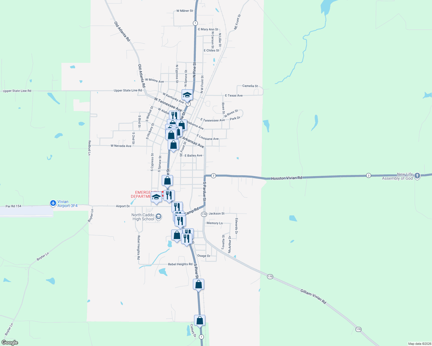 map of restaurants, bars, coffee shops, grocery stores, and more near 9424 Hosston Vivian Road in Vivian