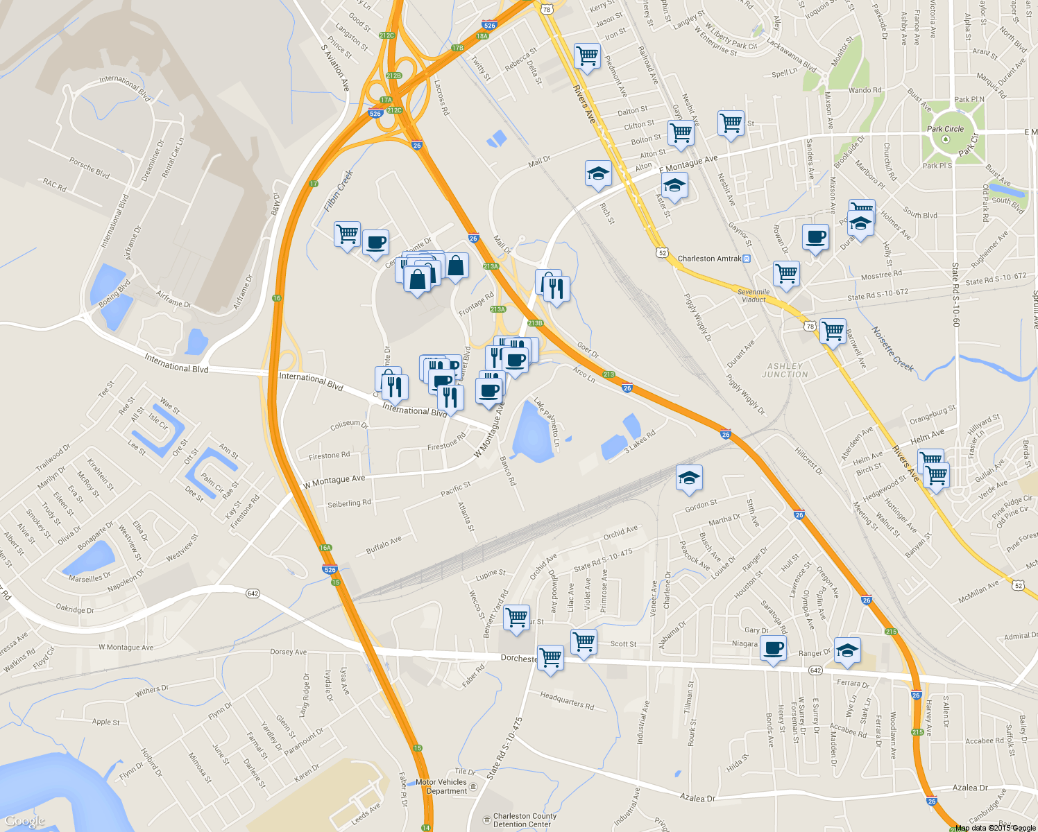 map of restaurants, bars, coffee shops, grocery stores, and more near 4739 Arco Lane in North Charleston