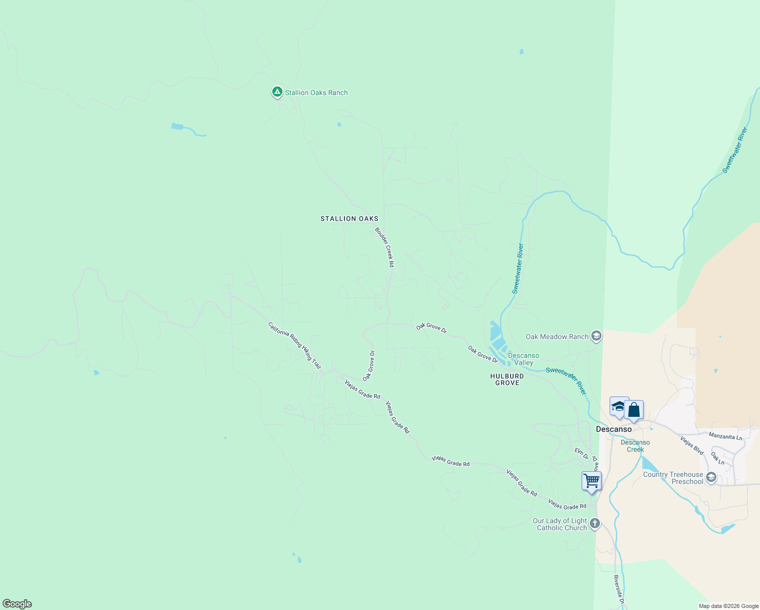 map of restaurants, bars, coffee shops, grocery stores, and more near 23877 Sundance View Lane in Descanso
