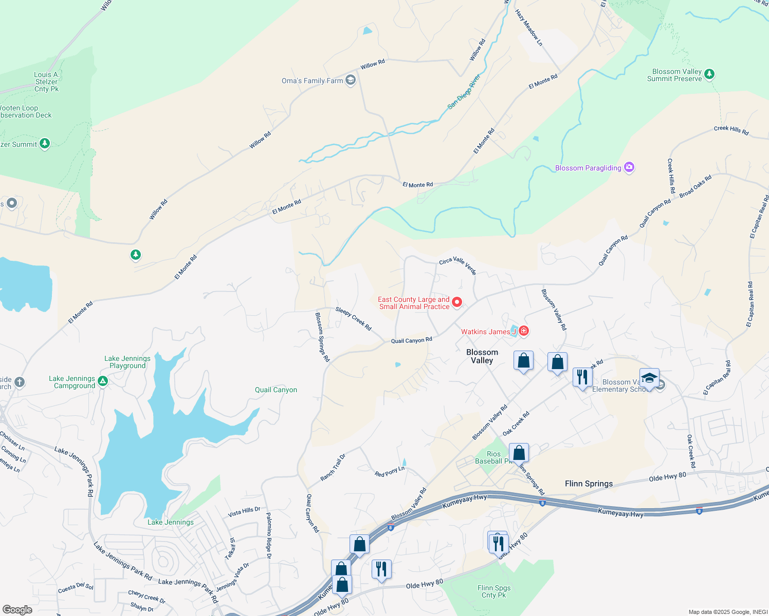 map of restaurants, bars, coffee shops, grocery stores, and more near 15224 Lazy Creek Road in El Cajon