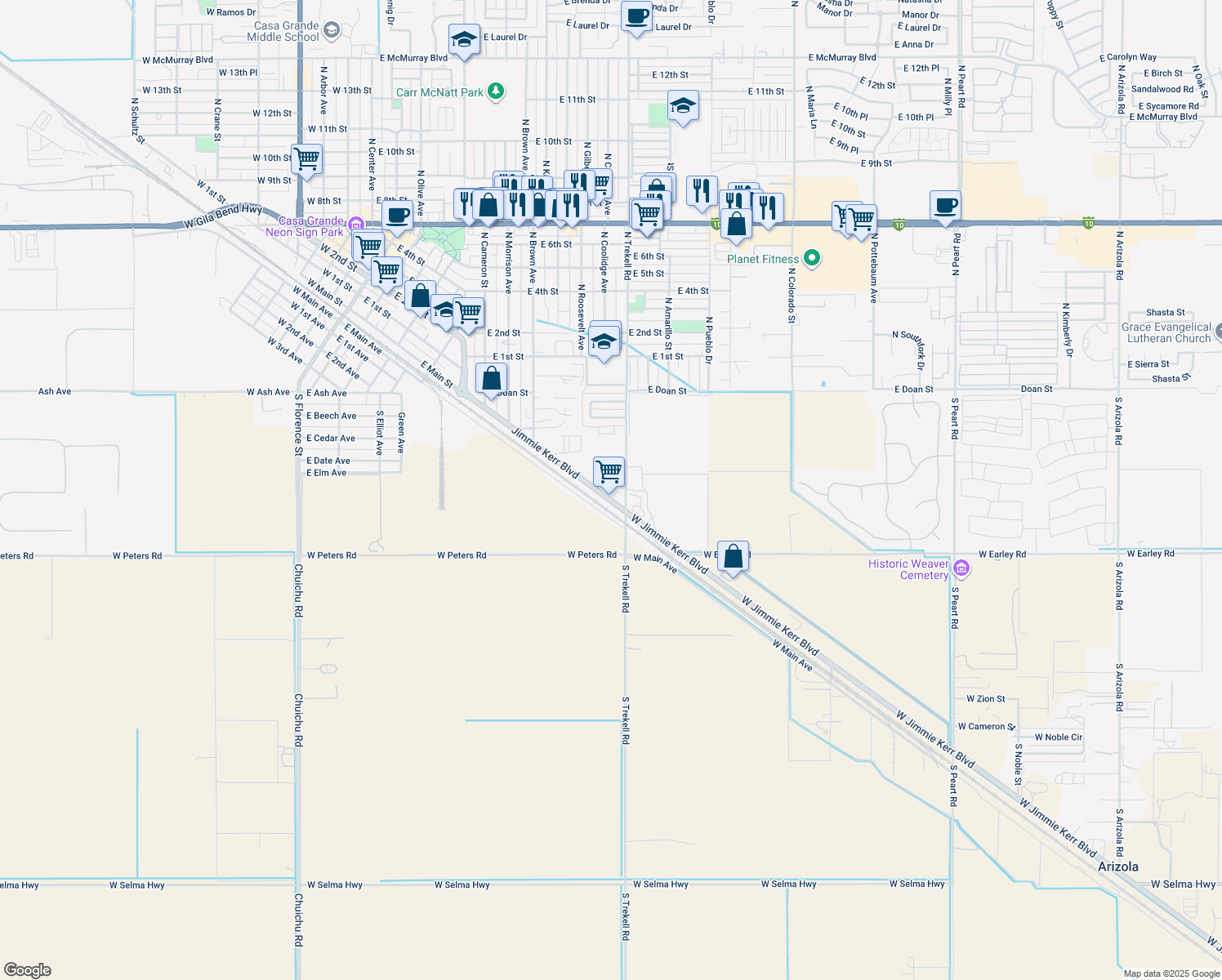 map of restaurants, bars, coffee shops, grocery stores, and more near 1168 East Main Street in Casa Grande