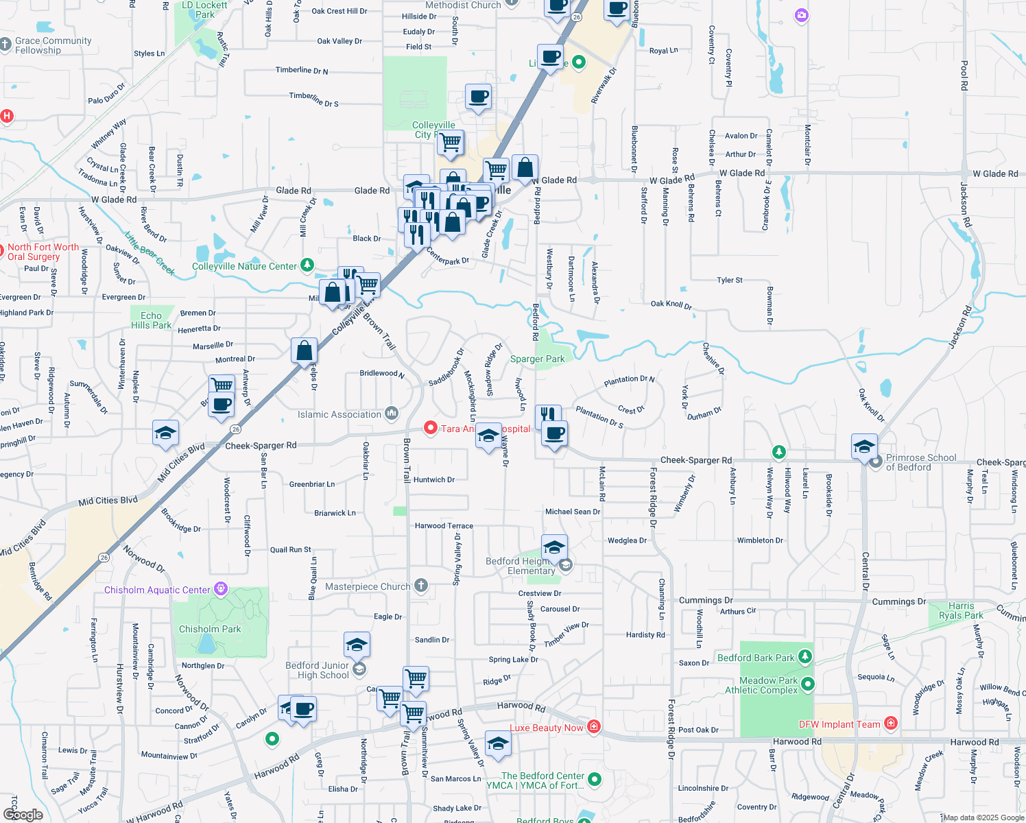 map of restaurants, bars, coffee shops, grocery stores, and more near 1000 Inwood Ln in Colleyville