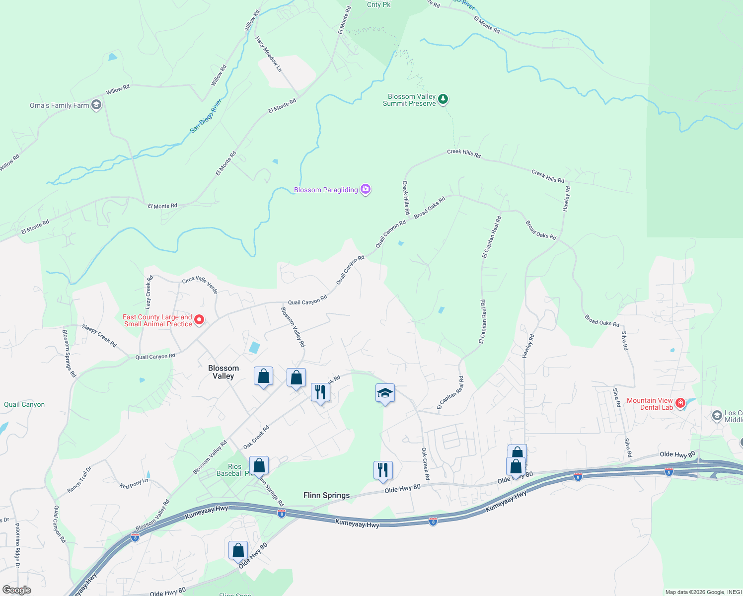 map of restaurants, bars, coffee shops, grocery stores, and more near 15121 Tombstone Creek Road in El Cajon