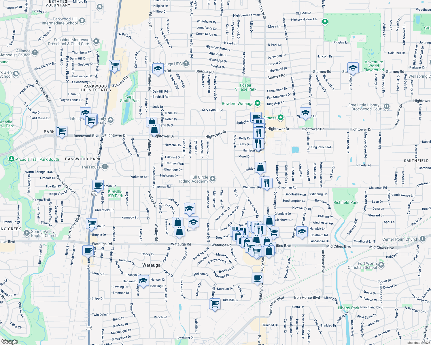 map of restaurants, bars, coffee shops, grocery stores, and more near 6808 Quail Meadow Dr in Watauga