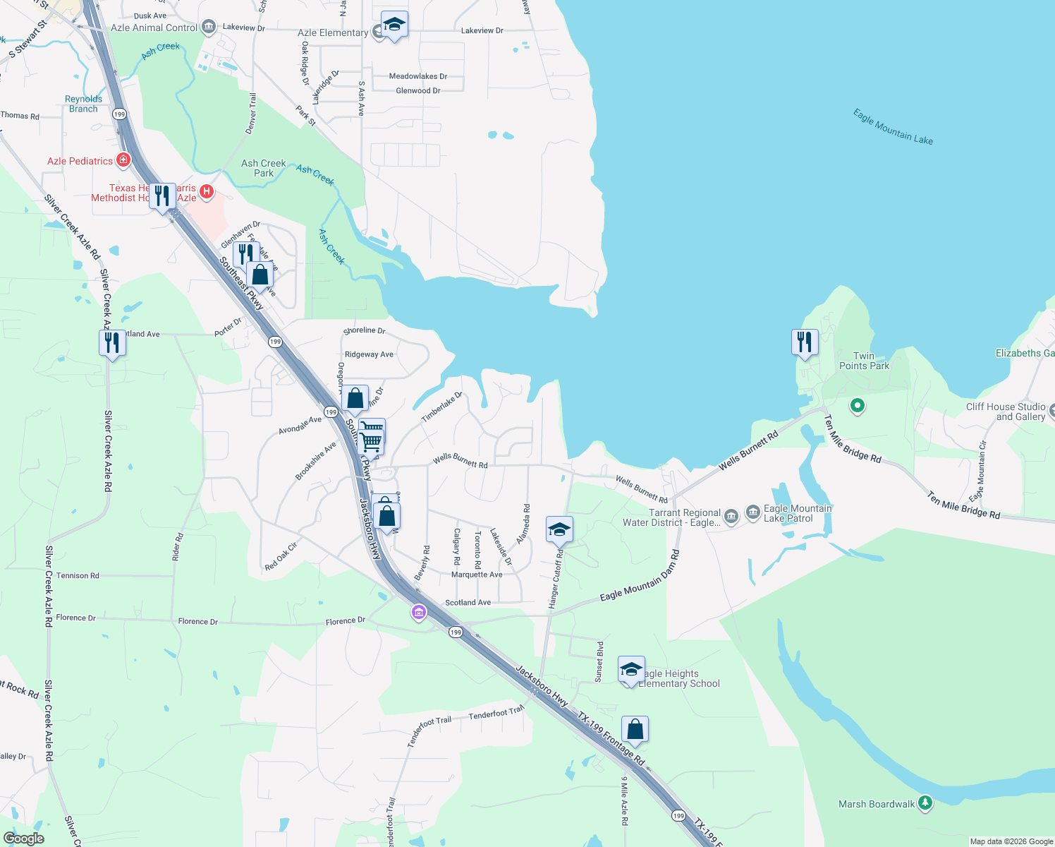map of restaurants, bars, coffee shops, grocery stores, and more near 437 Timberlake Dr in Azle