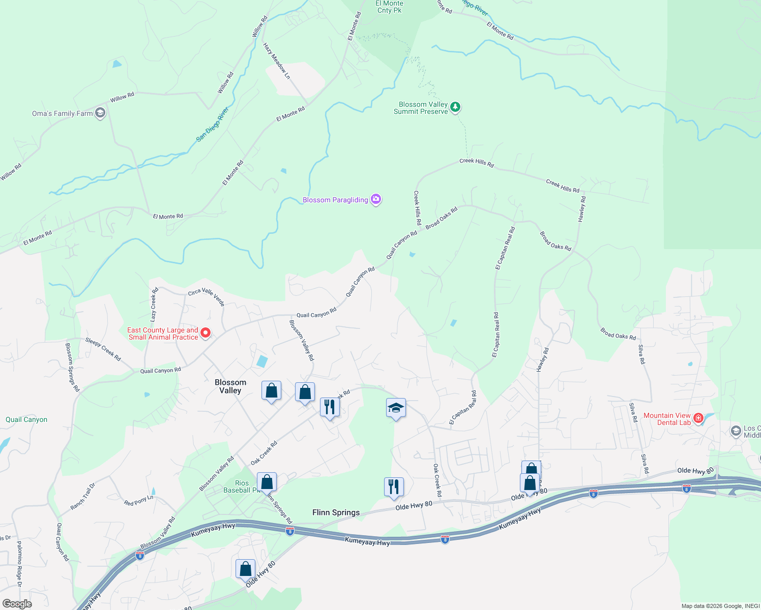 map of restaurants, bars, coffee shops, grocery stores, and more near 15121 Tombstone Creek Road in El Cajon