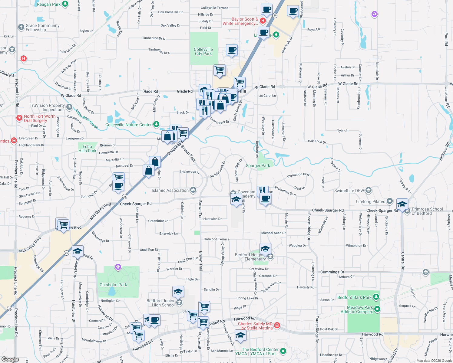 map of restaurants, bars, coffee shops, grocery stores, and more near 4100 Mockingbird Lane in Colleyville