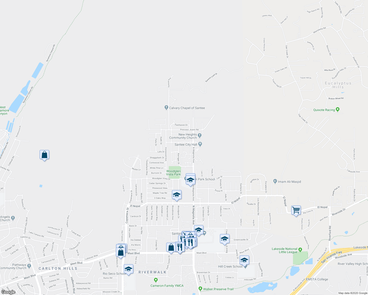 map of restaurants, bars, coffee shops, grocery stores, and more near 10643 King Phillip Court in Santee