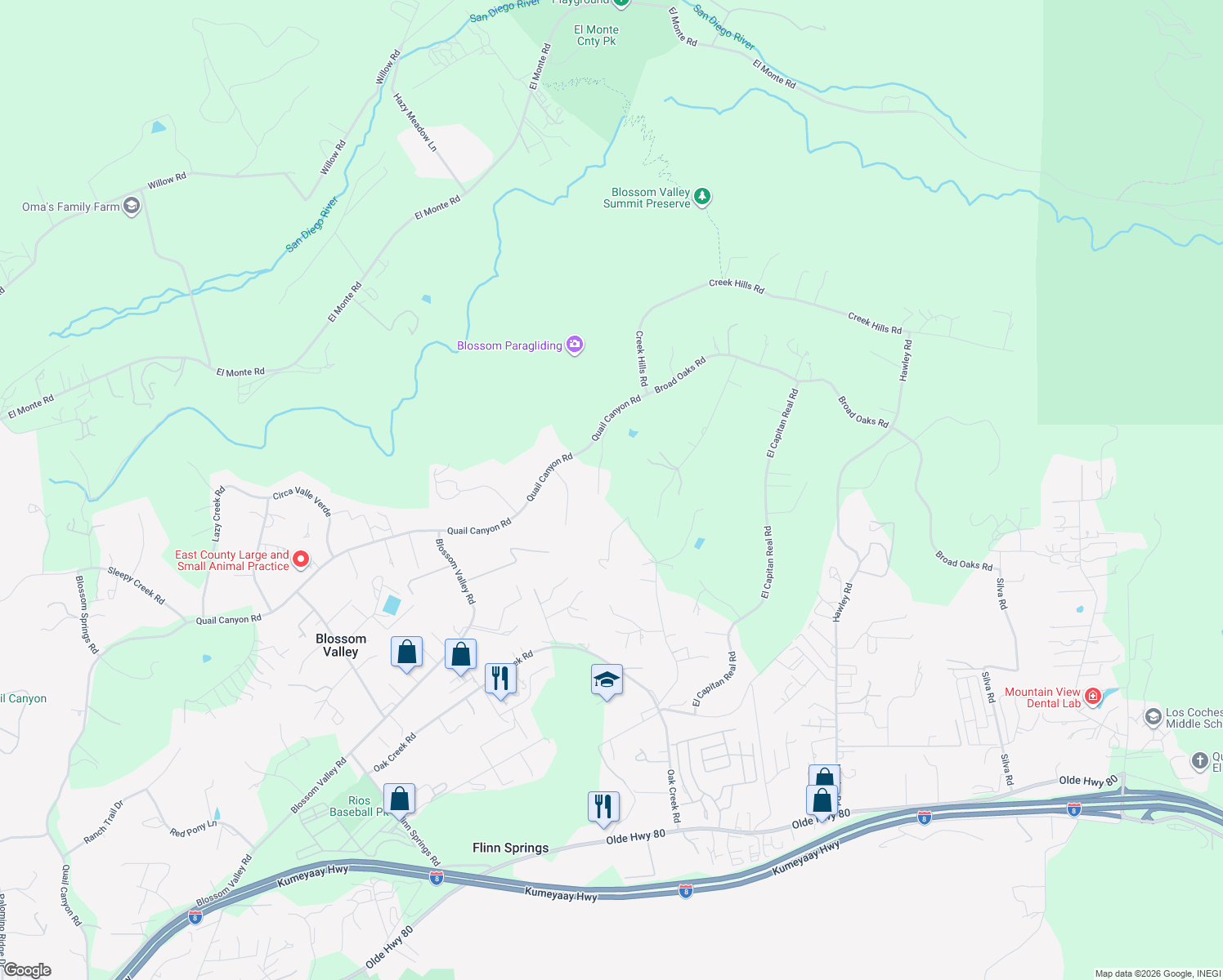 map of restaurants, bars, coffee shops, grocery stores, and more near 15123 Post Oak Lane in El Cajon