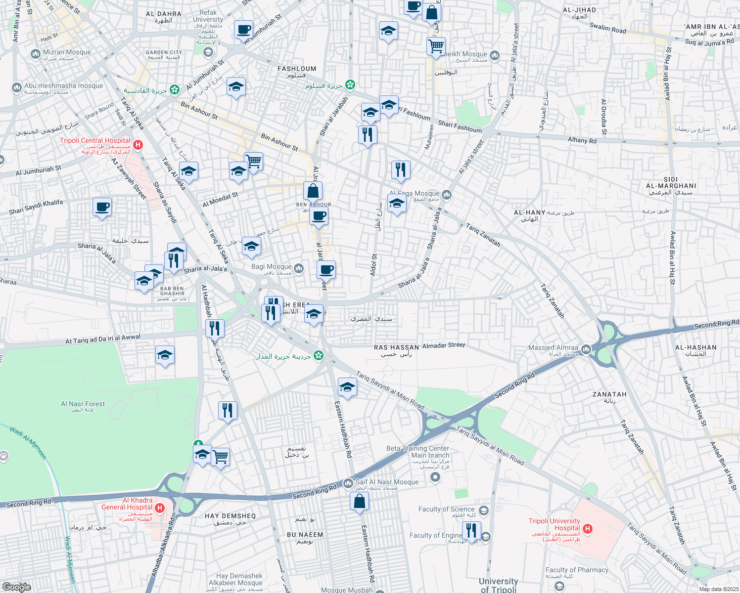map of restaurants, bars, coffee shops, grocery stores, and more near Sharia al-Jala'a in Tripoli