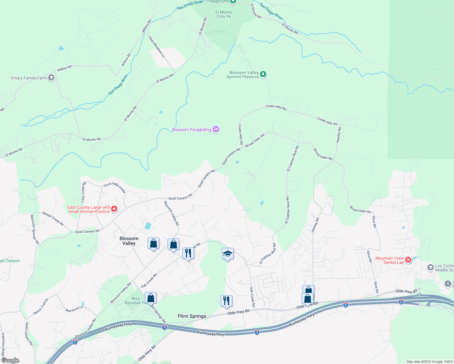 map of restaurants, bars, coffee shops, grocery stores, and more near 15123 Post Oak Lane in El Cajon