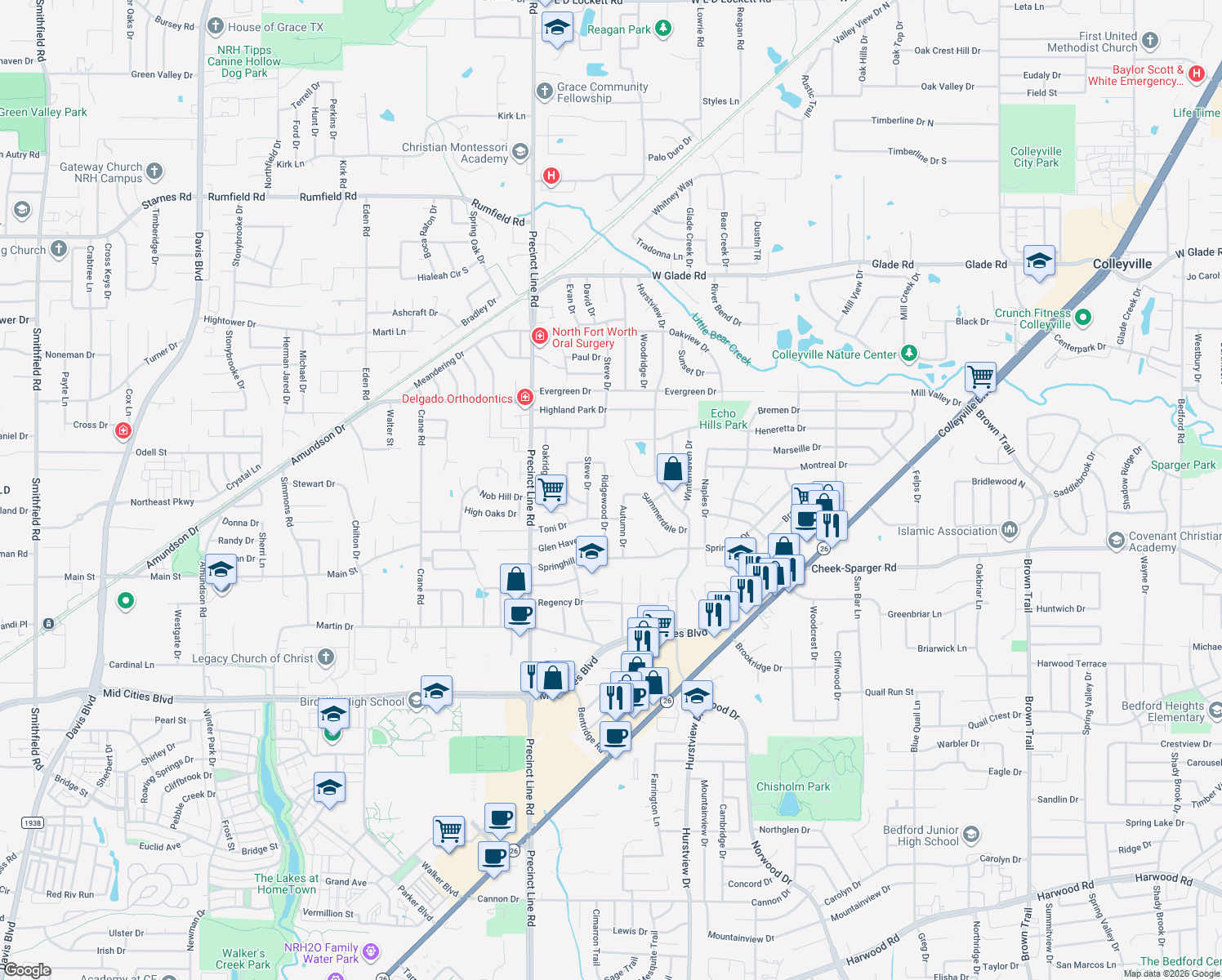 map of restaurants, bars, coffee shops, grocery stores, and more near 2920 Ridgewood Drive in Hurst