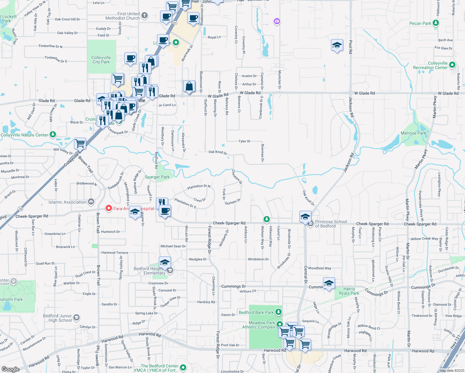 map of restaurants, bars, coffee shops, grocery stores, and more near 1617 Devon Dr in Colleyville