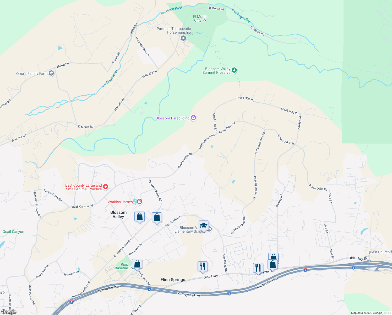 map of restaurants, bars, coffee shops, grocery stores, and more near 10937 Quail Canyon Road in El Cajon