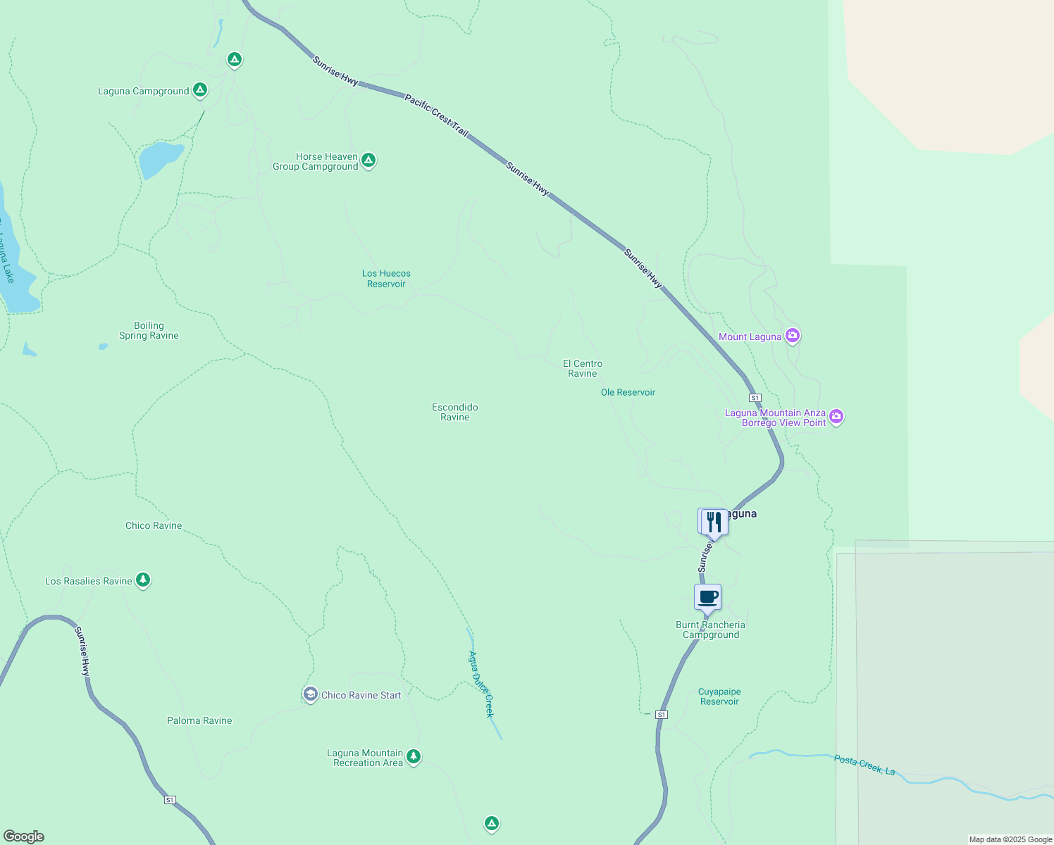 map of restaurants, bars, coffee shops, grocery stores, and more near in Mount Laguna
