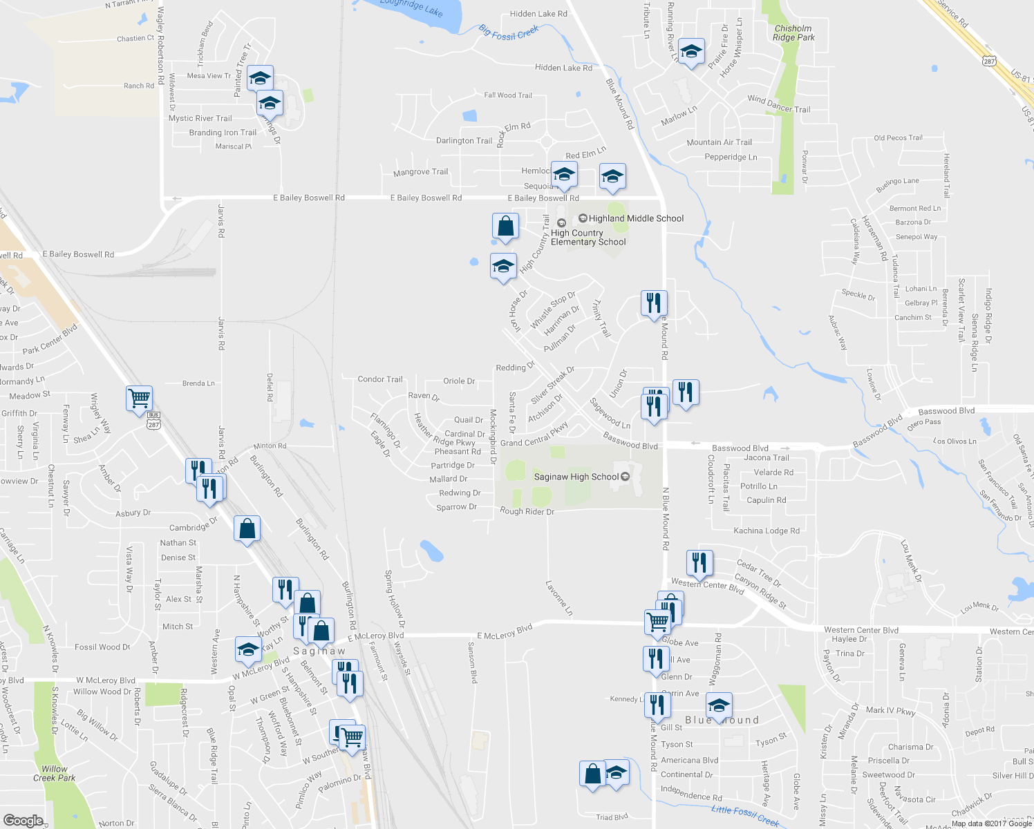 map of restaurants, bars, coffee shops, grocery stores, and more near 911 Santa Fe Drive in Saginaw