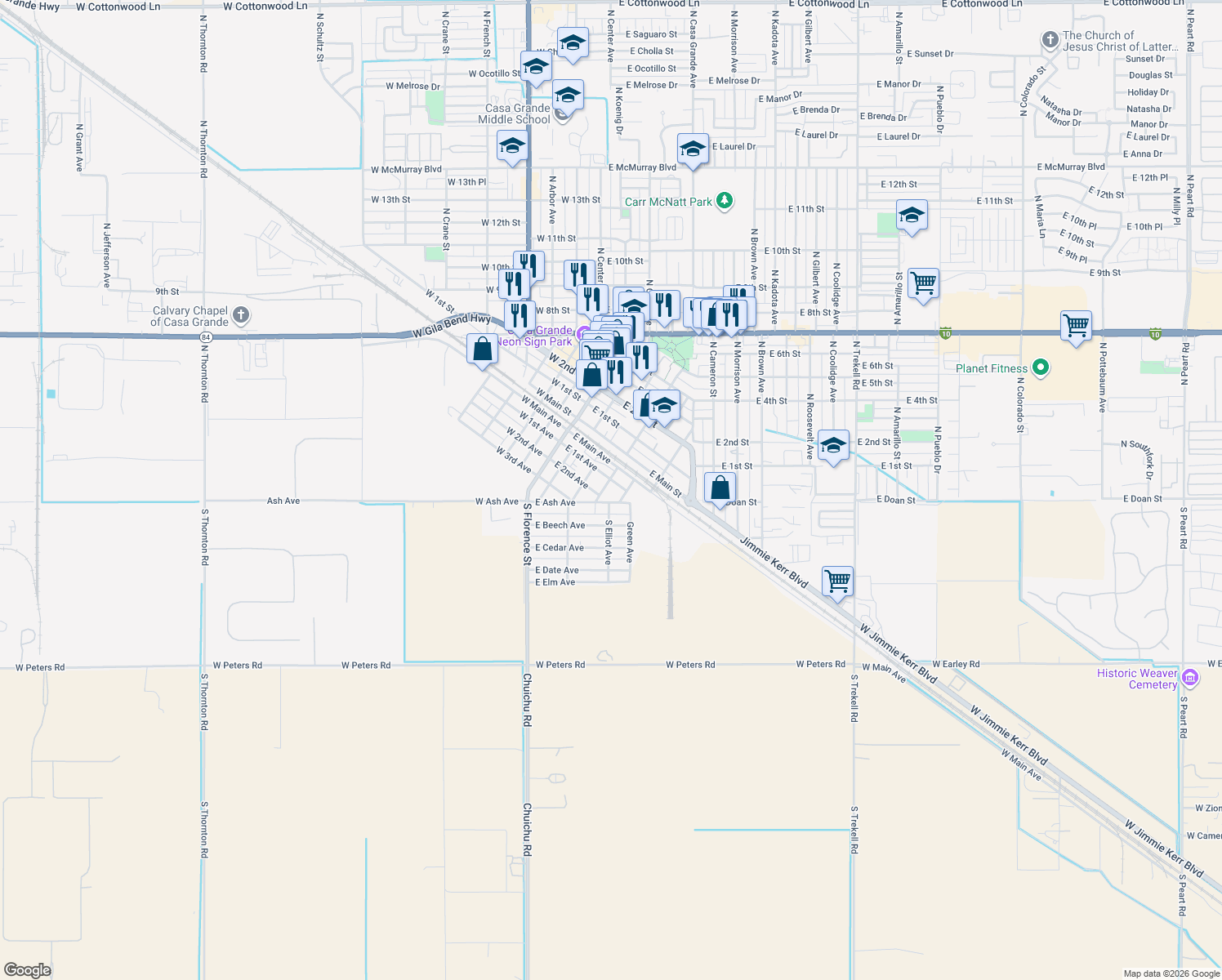map of restaurants, bars, coffee shops, grocery stores, and more near 210 S Drylake St in Casa Grande