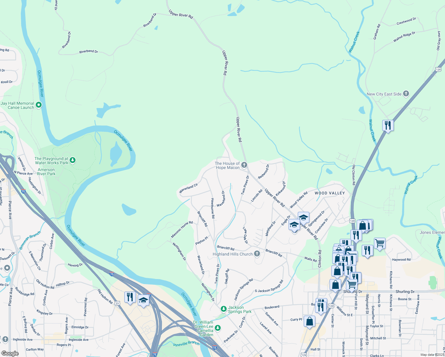 map of restaurants, bars, coffee shops, grocery stores, and more near 1849 Waverland Drive in Macon