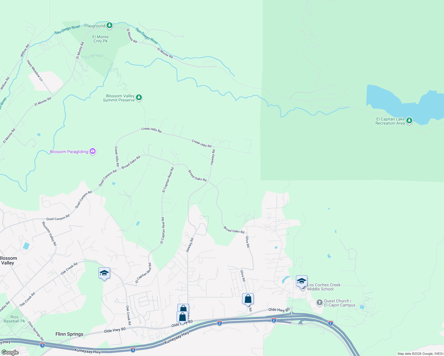 map of restaurants, bars, coffee shops, grocery stores, and more near 15634 Broad Oaks Road in El Cajon