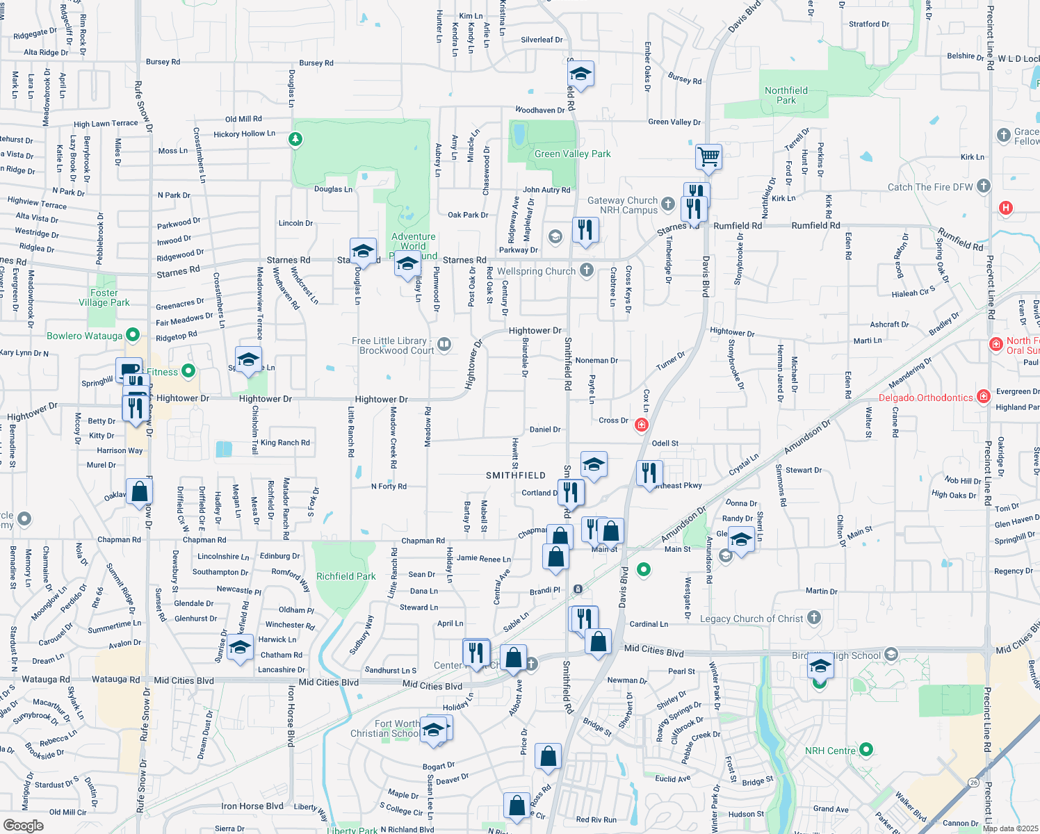 map of restaurants, bars, coffee shops, grocery stores, and more near 6917 Briardale Drive in North Richland Hills