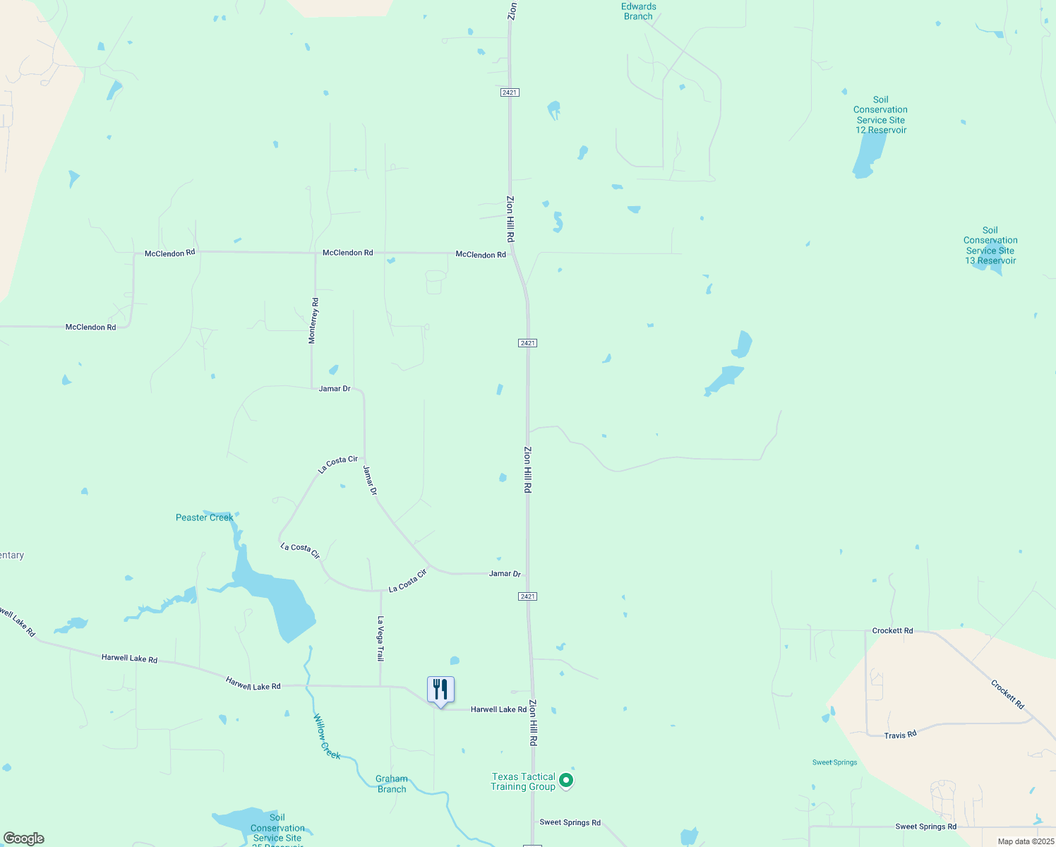 map of restaurants, bars, coffee shops, grocery stores, and more near 4911 Zion Hill Road in Weatherford
