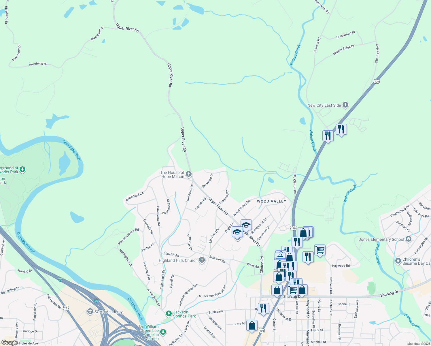 map of restaurants, bars, coffee shops, grocery stores, and more near Flintwood Drive in Macon
