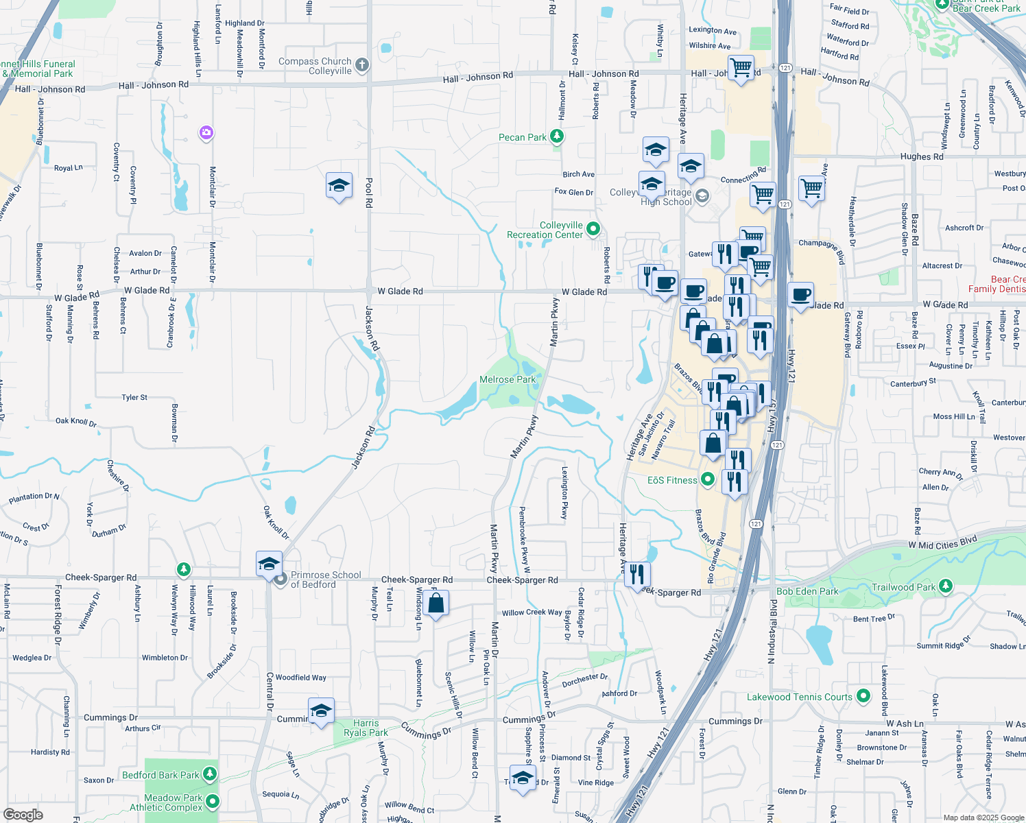 map of restaurants, bars, coffee shops, grocery stores, and more near 4410 Eaton Cir in Colleyville
