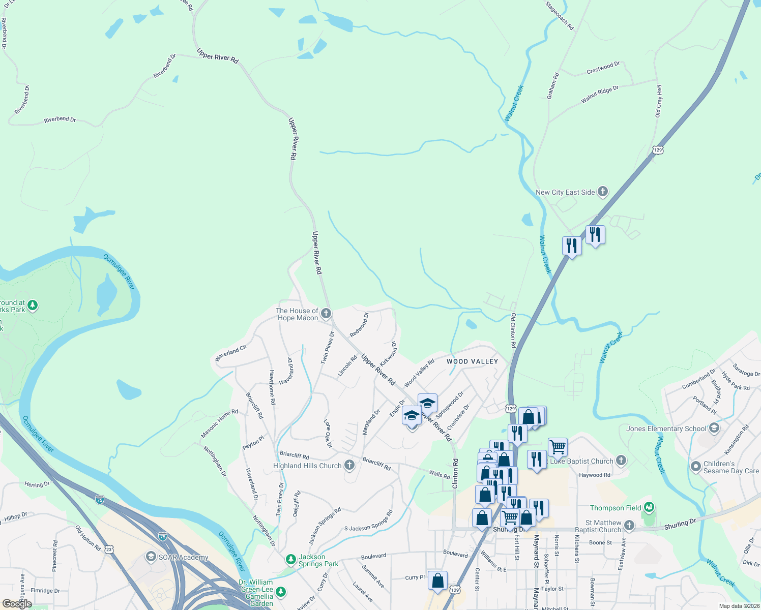 map of restaurants, bars, coffee shops, grocery stores, and more near 1837 Flintwood Drive in Macon