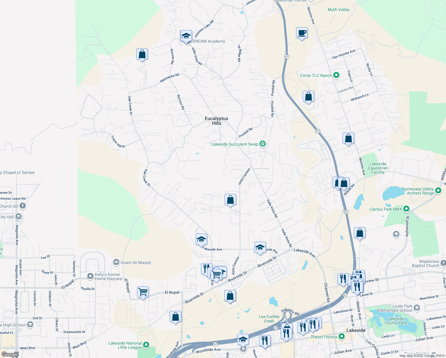 map of restaurants, bars, coffee shops, grocery stores, and more near 11128 Pinehurst Drive in Lakeside