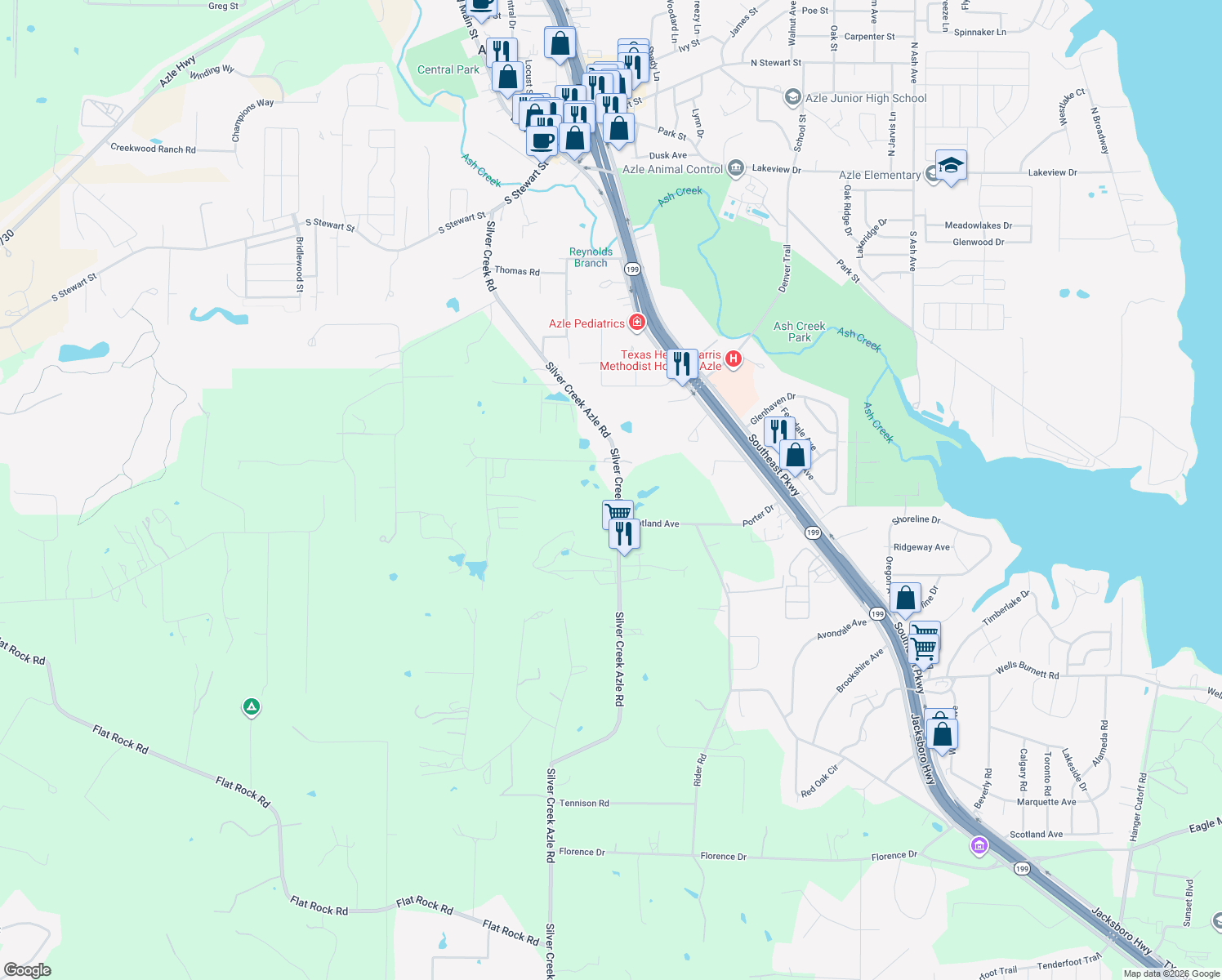 map of restaurants, bars, coffee shops, grocery stores, and more near 1008 Silver Creek Azle Road in Azle