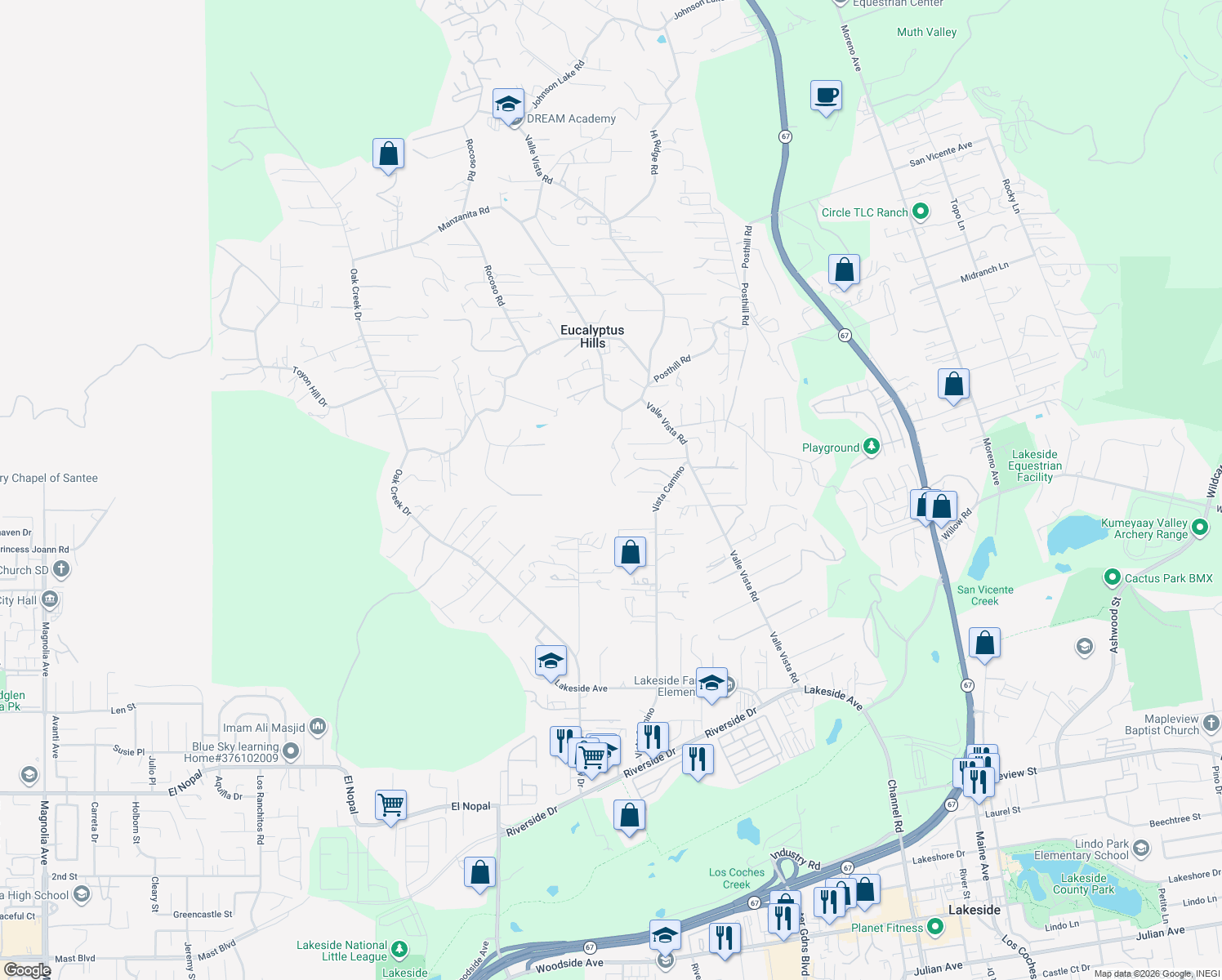 map of restaurants, bars, coffee shops, grocery stores, and more near 11128 Pinehurst Drive in Lakeside