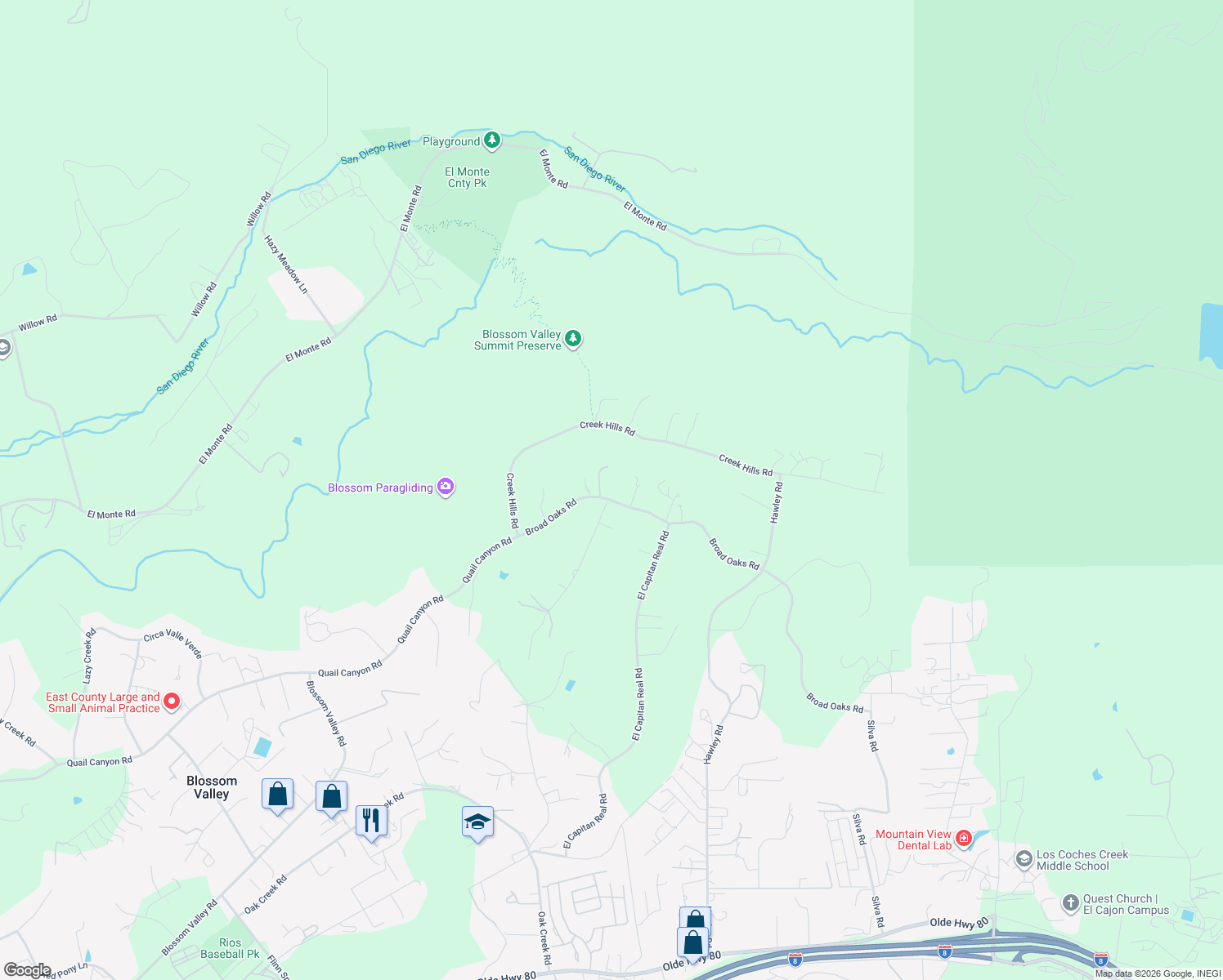 map of restaurants, bars, coffee shops, grocery stores, and more near 11210 Quail Canyon Road in El Cajon