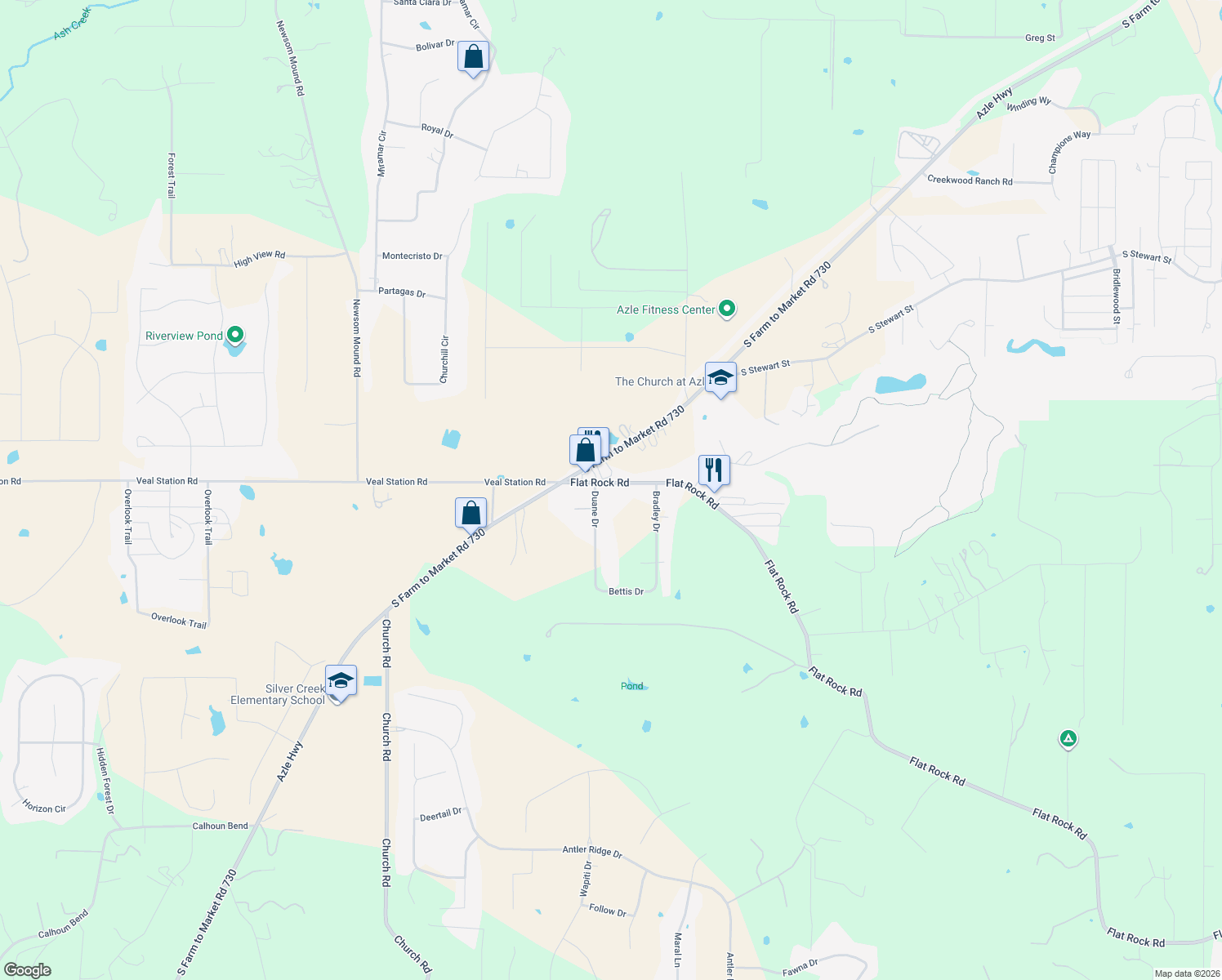 map of restaurants, bars, coffee shops, grocery stores, and more near 1001 Duane Dr in Azle