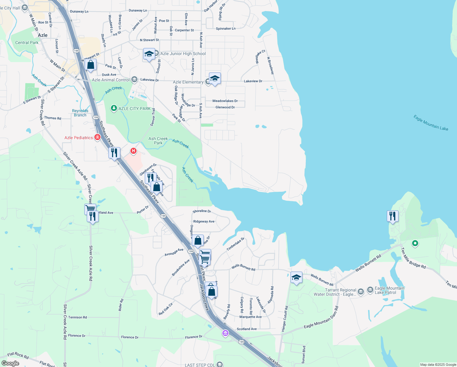 map of restaurants, bars, coffee shops, grocery stores, and more near 1398 Park Street in Azle