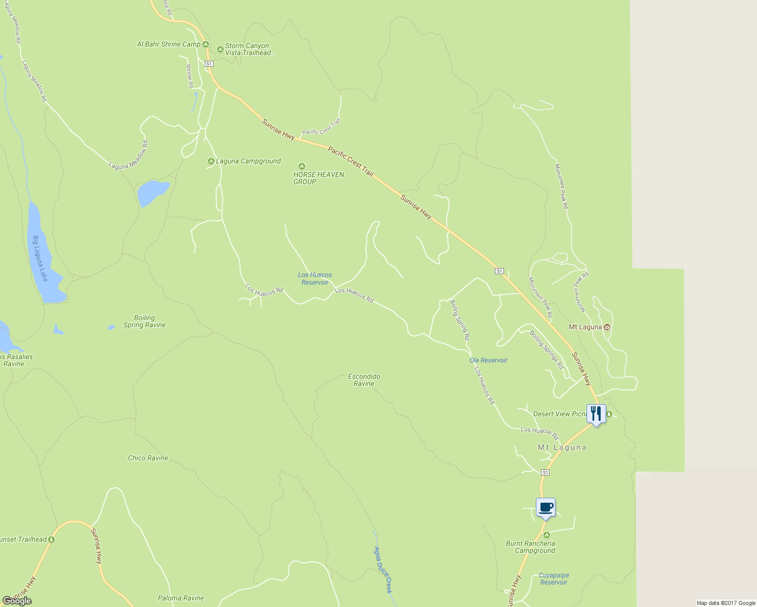 map of restaurants, bars, coffee shops, grocery stores, and more near Los Huecos Road in Mount Laguna