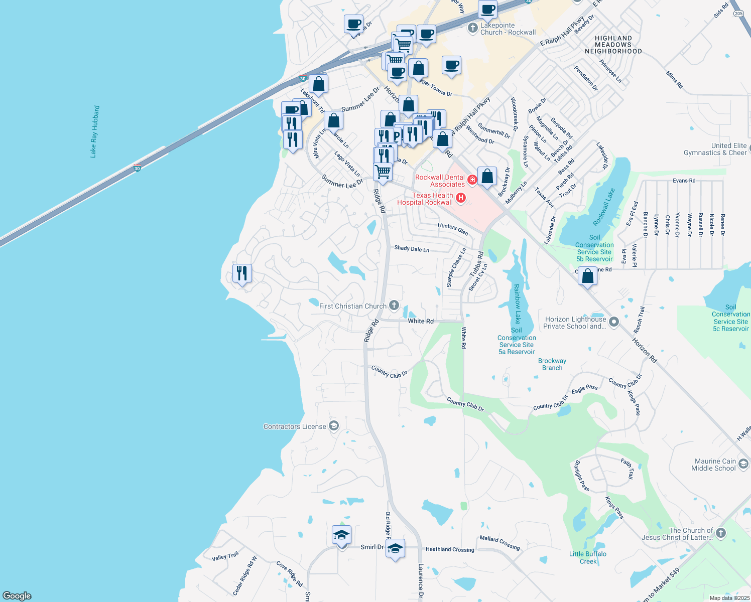 map of restaurants, bars, coffee shops, grocery stores, and more near 5304 Yacht Club Dr in Rockwall