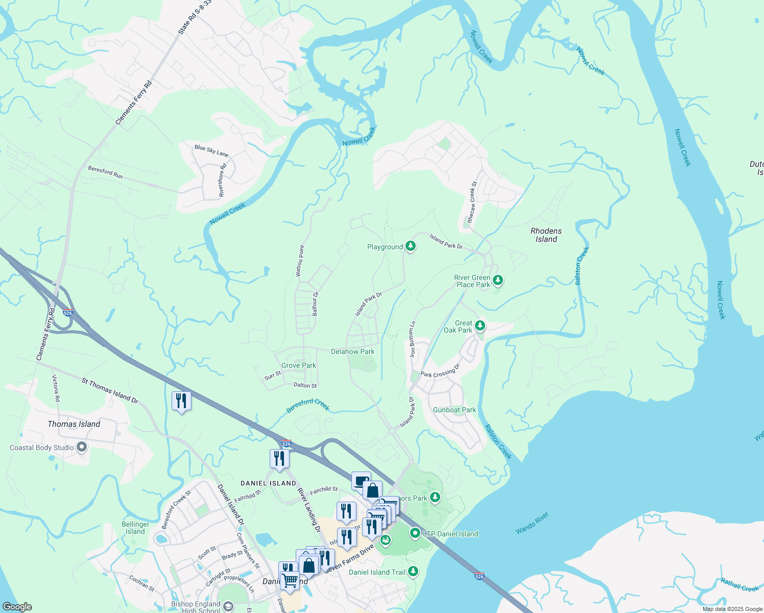 map of restaurants, bars, coffee shops, grocery stores, and more near 286 Delahow St in Charleston