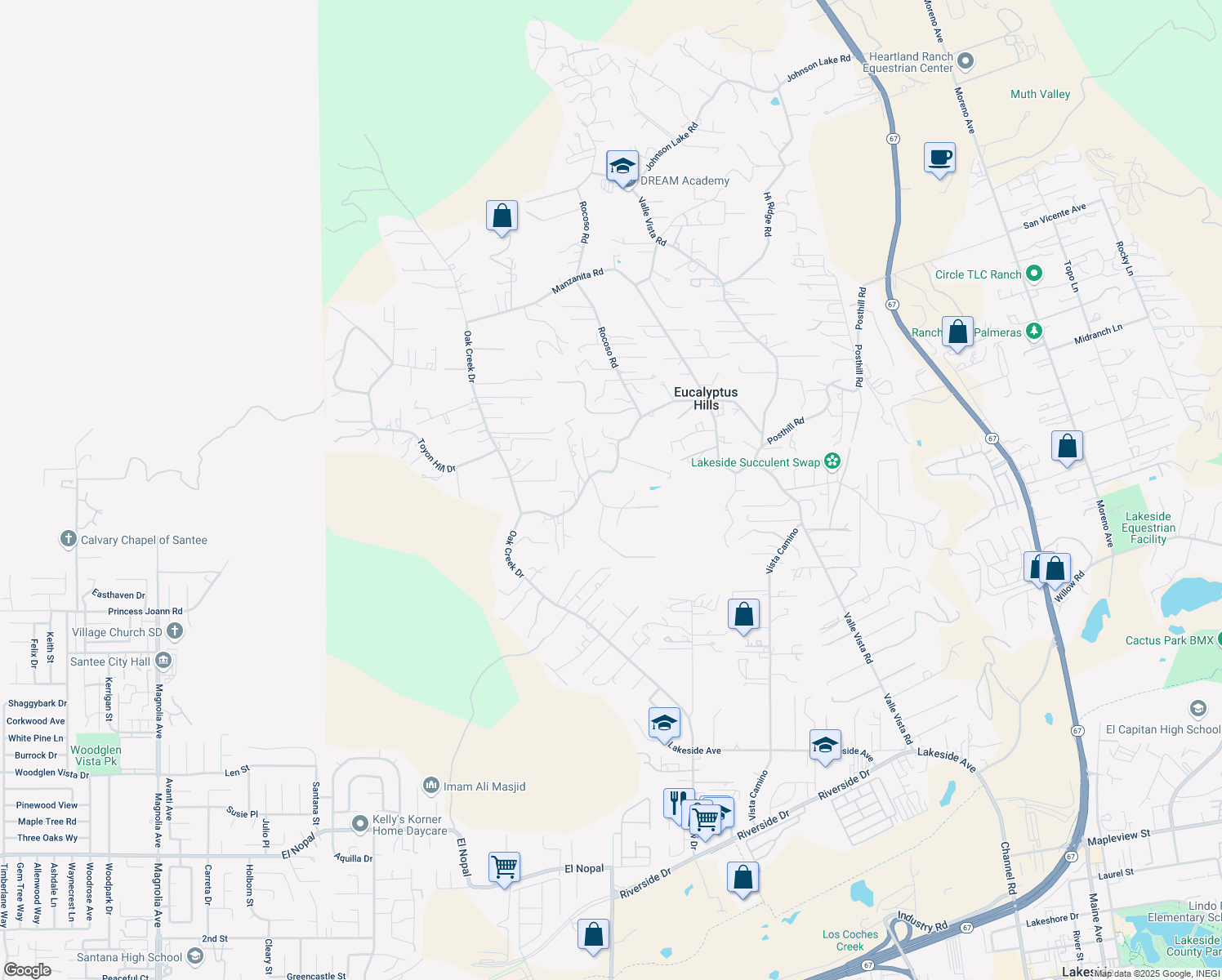 map of restaurants, bars, coffee shops, grocery stores, and more near 11433 Eucalyptus Hills Drive in Lakeside