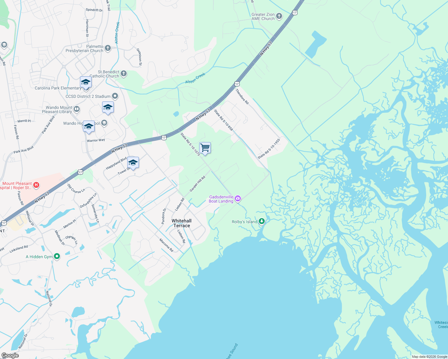 map of restaurants, bars, coffee shops, grocery stores, and more near 954 State Road S-10-1075 in Awendaw