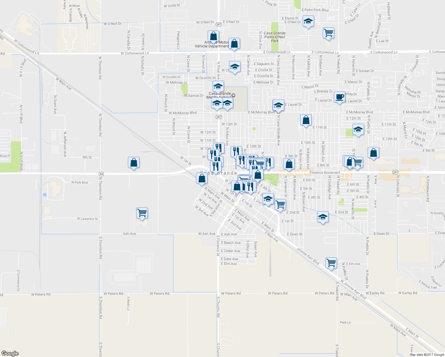 map of restaurants, bars, coffee shops, grocery stores, and more near 511 W 2nd St in Casa Grande