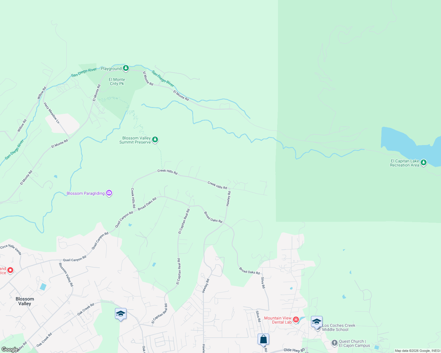 map of restaurants, bars, coffee shops, grocery stores, and more near 15524 Creek Hills Road in El Cajon