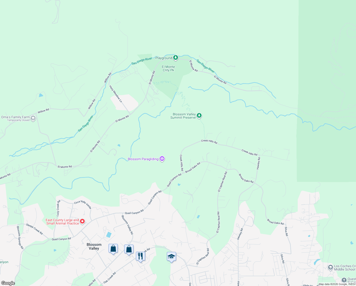map of restaurants, bars, coffee shops, grocery stores, and more near 15056 Creek Hills Road in El Cajon