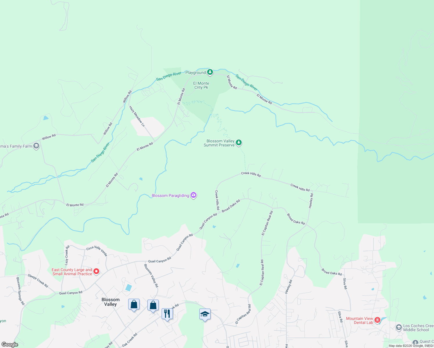 map of restaurants, bars, coffee shops, grocery stores, and more near 15068 Creek Hills Road in El Cajon