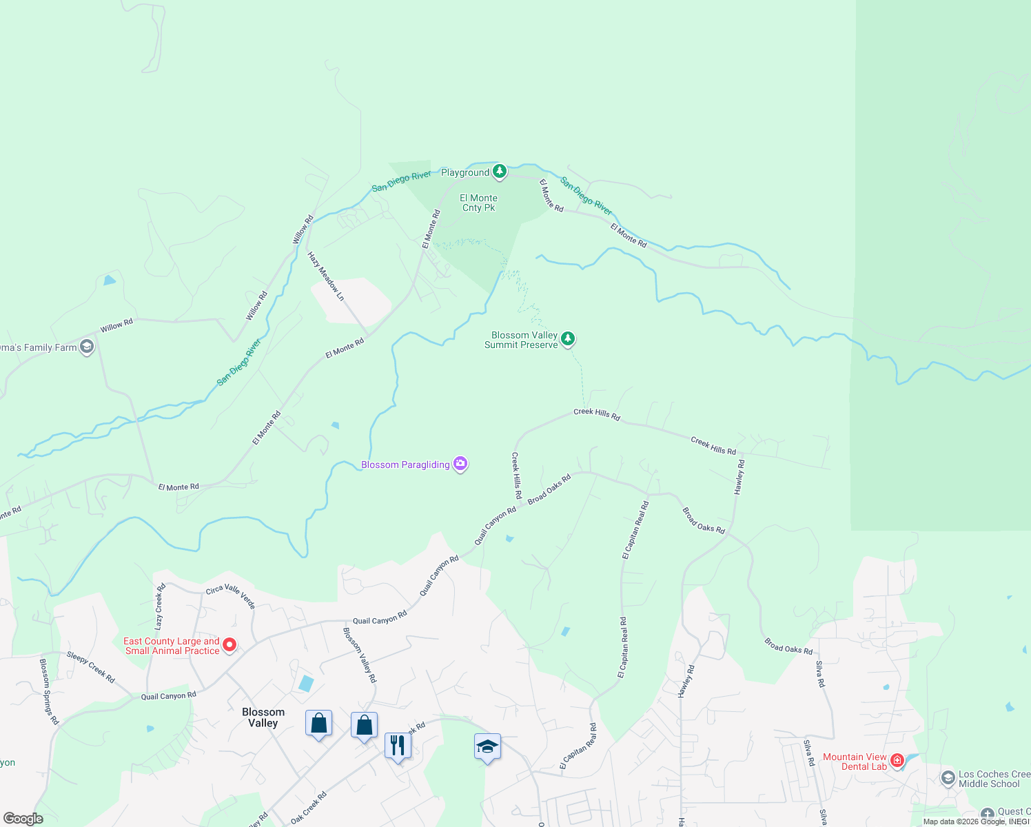 map of restaurants, bars, coffee shops, grocery stores, and more near 15056 Creek Hills Road in El Cajon