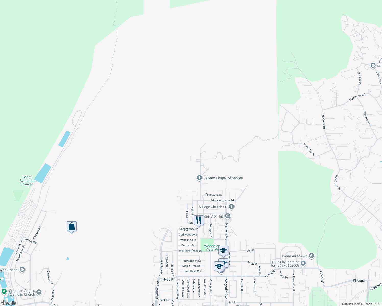 map of restaurants, bars, coffee shops, grocery stores, and more near 11132 Summit Avenue in Santee